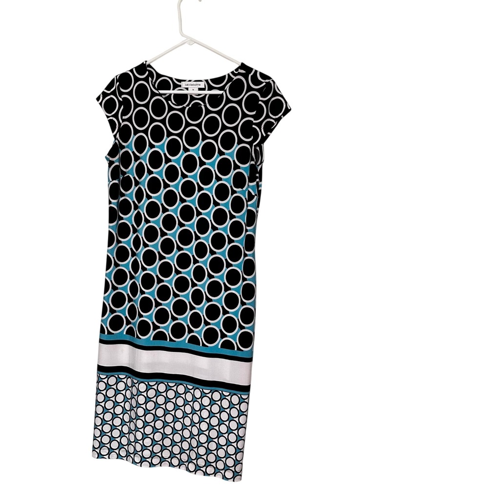 Liz Claiborne Womens Dress Medium Black White Blue Geometric Print Stretch Midi